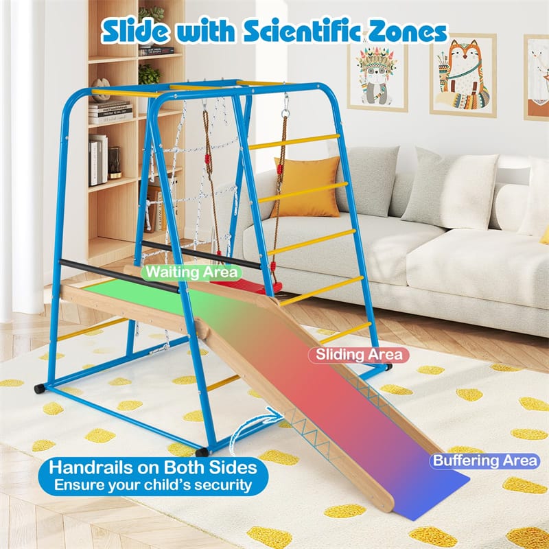 6-in-1 Indoor Playground Jungle Gym, Metal Montessori Climbing Toys with Slide, Swing & Monkey Bars for Kids & Toddlers 3+ Years