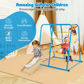 6-in-1 Indoor Playground Jungle Gym, Metal Montessori Climbing Toys with Slide, Swing & Monkey Bars for Kids & Toddlers 3+ Years