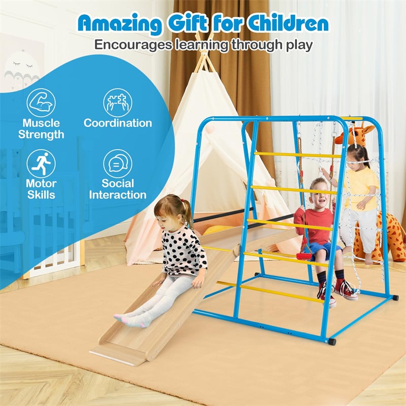 6-in-1 Indoor Playground Jungle Gym, Metal Montessori Climbing Toys with Slide, Swing & Monkey Bars for Kids & Toddlers 3+ Years