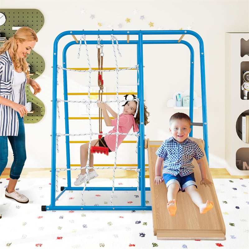 6-in-1 Indoor Playground Jungle Gym, Metal Montessori Climbing Toys with Slide, Swing & Monkey Bars for Kids & Toddlers 3+ Years
