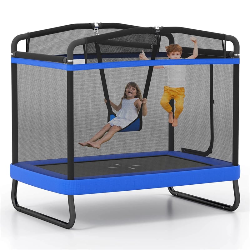 6FT Kids Rectangle Trampoline, ASTM Certified Toddler Rebounder with Swing, Horizontal Bar & Safety Enclosure Net for Indoor Outdoor