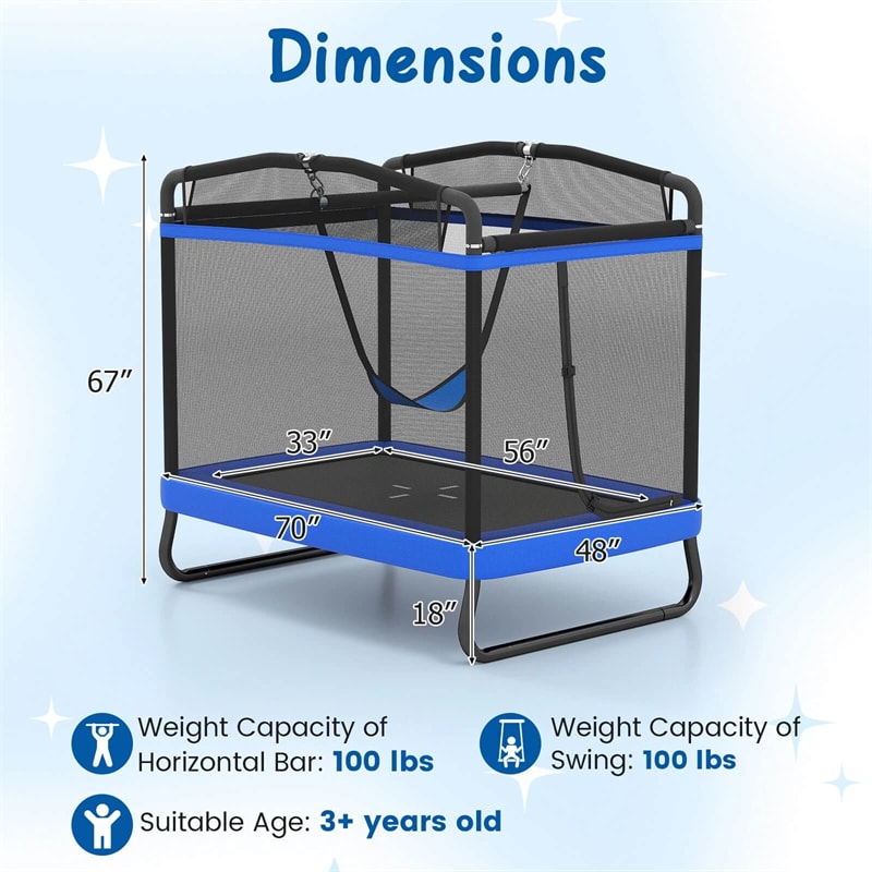 6FT Kids Rectangle Trampoline, ASTM Certified Toddler Rebounder with Swing, Horizontal Bar & Safety Enclosure Net for Indoor Outdoor