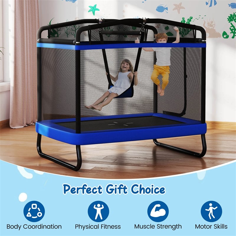 6FT Kids Rectangle Trampoline, ASTM Certified Toddler Rebounder with Swing, Horizontal Bar & Safety Enclosure Net for Indoor Outdoor