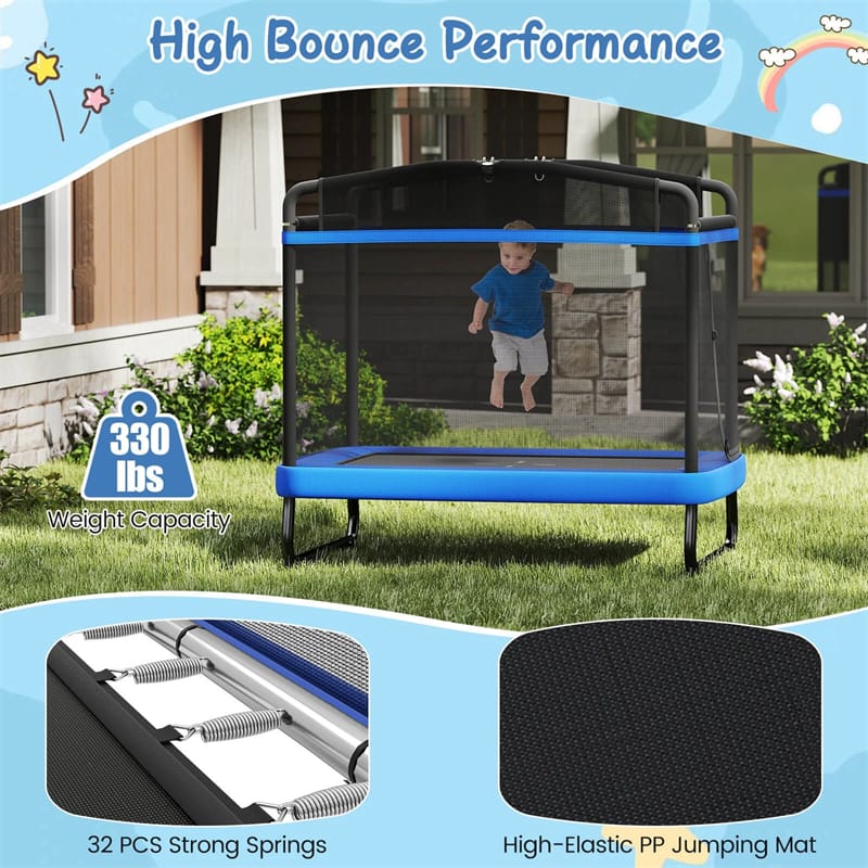6FT Kids Rectangle Trampoline, ASTM Certified Toddler Rebounder with Swing, Horizontal Bar & Safety Enclosure Net for Indoor Outdoor