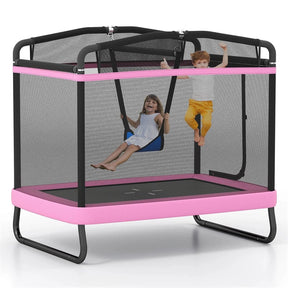 6FT Kids Rectangle Trampoline, ASTM Certified Toddler Rebounder with Swing, Horizontal Bar & Safety Enclosure Net for Indoor Outdoor