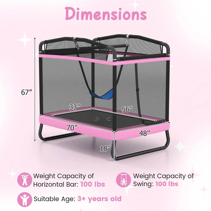 6FT Kids Rectangle Trampoline, ASTM Certified Toddler Rebounder with Swing, Horizontal Bar & Safety Enclosure Net for Indoor Outdoor