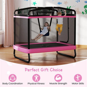6FT Kids Rectangle Trampoline, ASTM Certified Toddler Rebounder with Swing, Horizontal Bar & Safety Enclosure Net for Indoor Outdoor