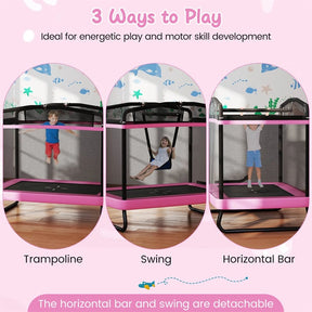 6FT Kids Rectangle Trampoline, ASTM Certified Toddler Rebounder with Swing, Horizontal Bar & Safety Enclosure Net for Indoor Outdoor