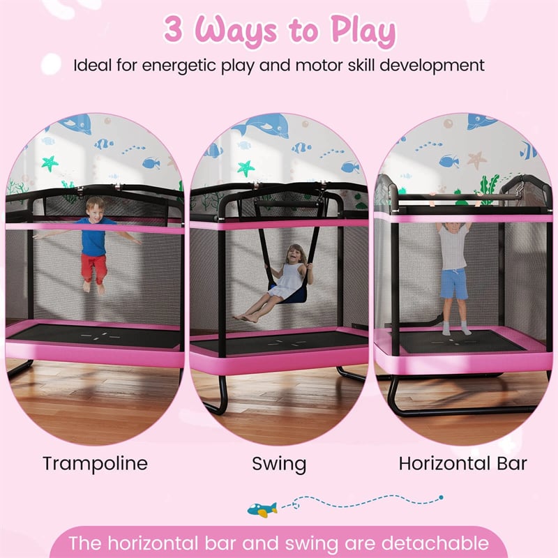 6FT Kids Rectangle Trampoline, ASTM Certified Toddler Rebounder with Swing, Horizontal Bar & Safety Enclosure Net for Indoor Outdoor