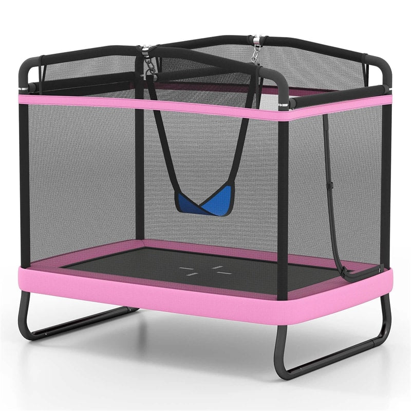 6FT Kids Rectangle Trampoline, ASTM Certified Toddler Rebounder with Swing, Horizontal Bar & Safety Enclosure Net for Indoor Outdoor