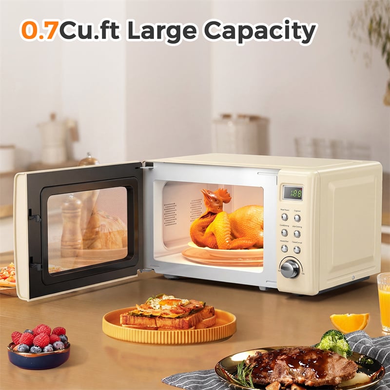 0.7Cu.ft Retro Countertop Microwave Oven 700W with 5 Microwave Power, Glass Turntable & Viewing Window