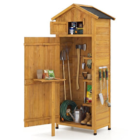 70" Tall Waterproof Wooden Outdoor Shed Garden Tool Storage Cabinet with Lockable Doors & Foldable Table