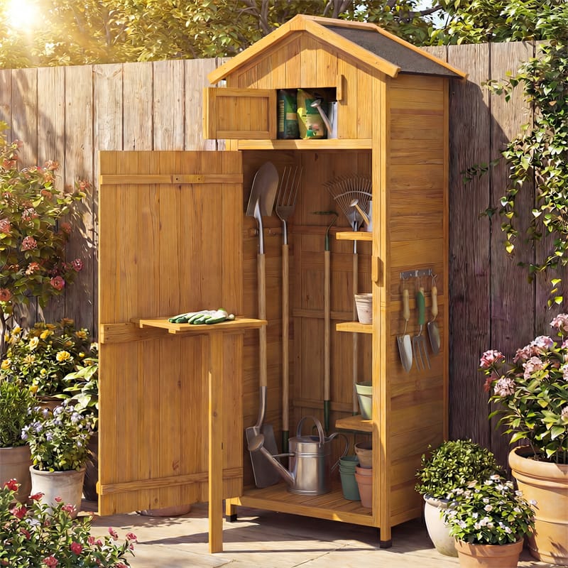 70" Tall Waterproof Wooden Outdoor Shed Garden Tool Storage Cabinet with Lockable Doors & Foldable Table