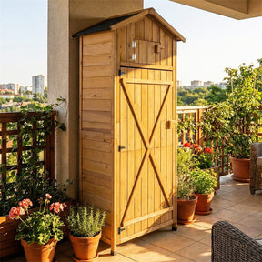 70" Tall Waterproof Wooden Outdoor Shed Garden Tool Storage Cabinet with Lockable Doors & Foldable Table