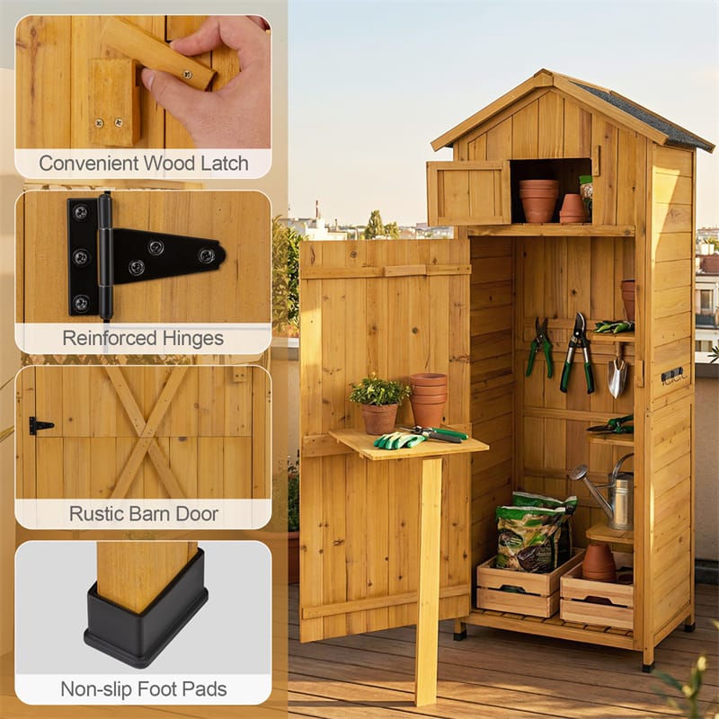 70" Tall Waterproof Wooden Outdoor Shed Garden Tool Storage Cabinet with Lockable Doors & Foldable Table