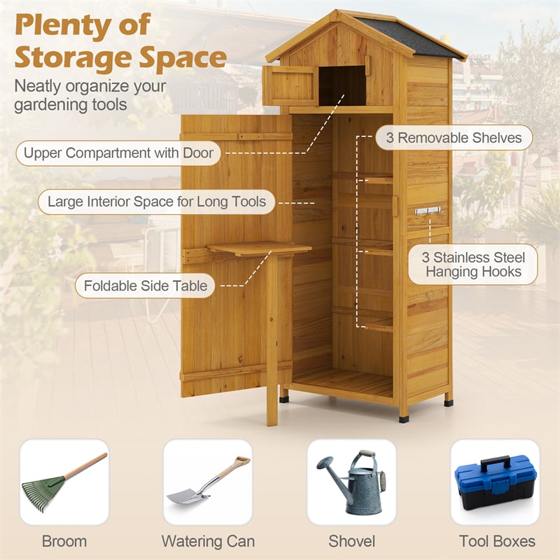 70" Tall Waterproof Wooden Outdoor Shed Garden Tool Storage Cabinet with Lockable Doors & Foldable Table