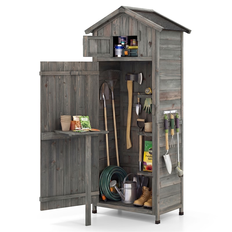 70" Tall Waterproof Wooden Outdoor Shed Garden Tool Storage Cabinet with Lockable Doors & Foldable Table