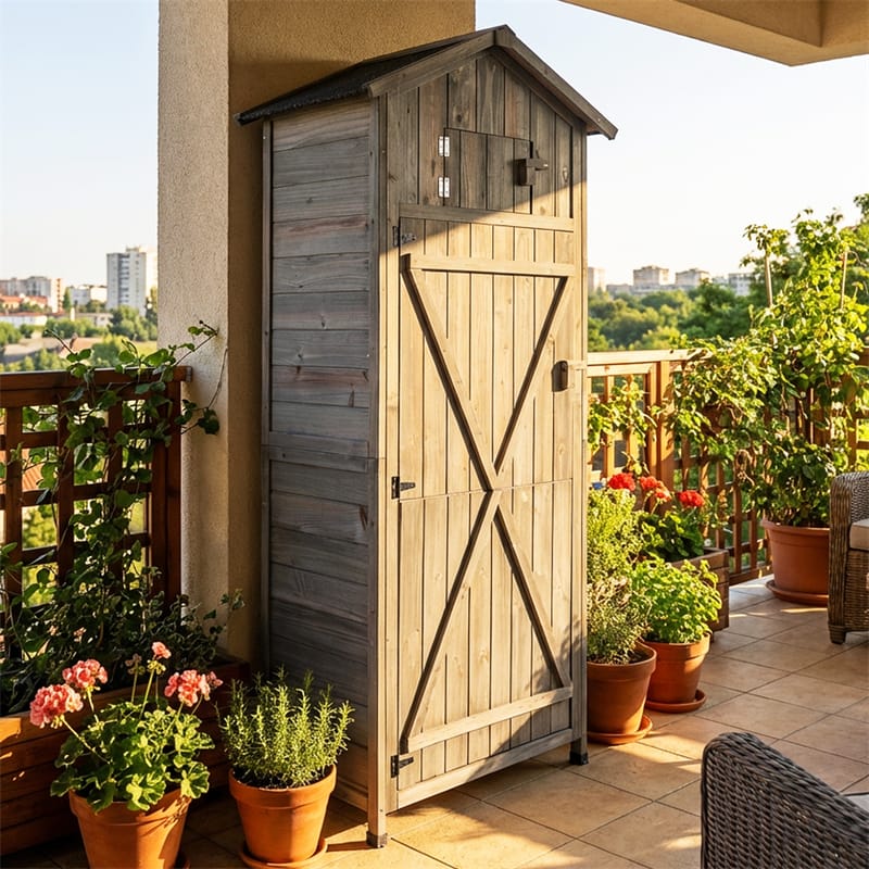 70" Tall Waterproof Wooden Outdoor Shed Garden Tool Storage Cabinet with Lockable Doors & Foldable Table
