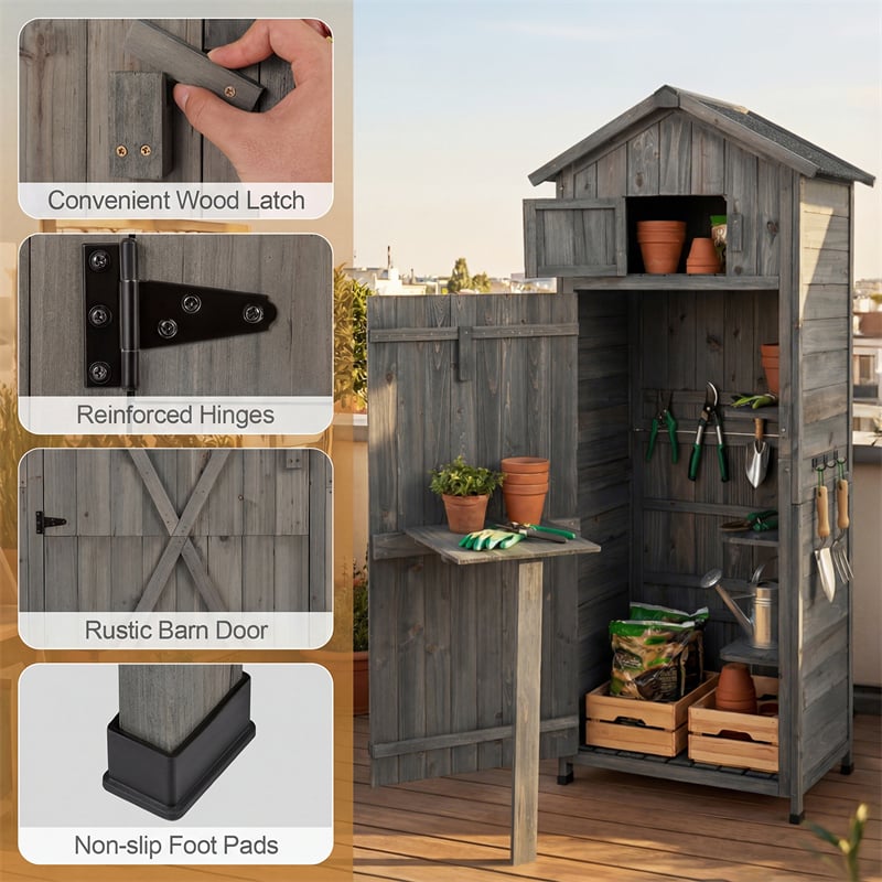 70" Tall Waterproof Wooden Outdoor Shed Garden Tool Storage Cabinet with Lockable Doors & Foldable Table