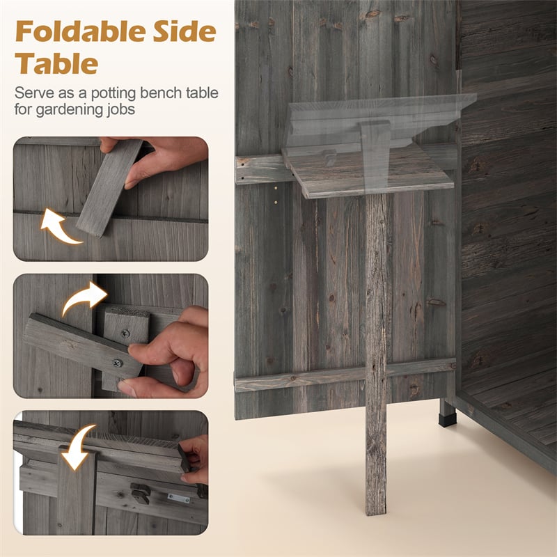 70" Tall Waterproof Wooden Outdoor Shed Garden Tool Storage Cabinet with Lockable Doors & Foldable Table