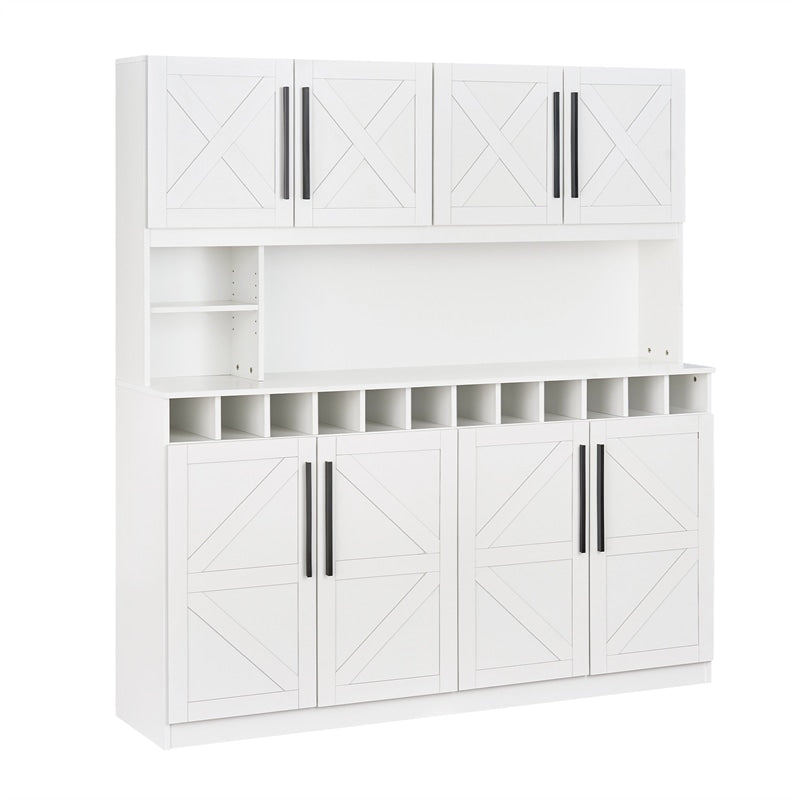 70" Farmhouse Pantry Cabinet, 63" Kitchen Buffet Hutch with 12-Bottle Wine Rack, 8-Door Storage Cupboard, Large Countertop & Adj. Shelves