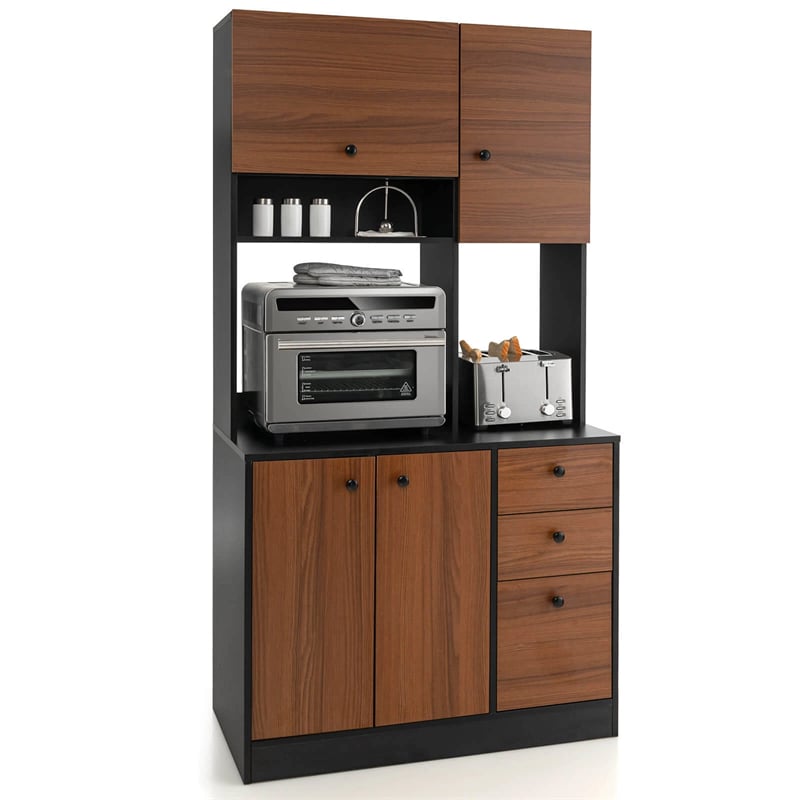 71" Kitchen Buffet Hutch Storage Cabinet Microwave Cupboard, Freestanding Pantry with 3 Cabinets & Drawers, Adjustable Shelves