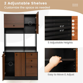 71" Kitchen Buffet Hutch Storage Cabinet Microwave Cupboard, Freestanding Pantry with 3 Cabinets & Drawers, Adjustable Shelves