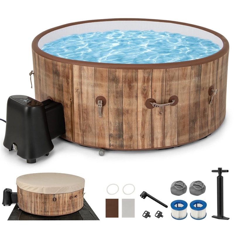4-6 Person Wood Grain Inflatable Hot Tub, 72" Round Pool Hottub w/120 Air Jets, Heater Pump, Portable Outdoor Water SPA