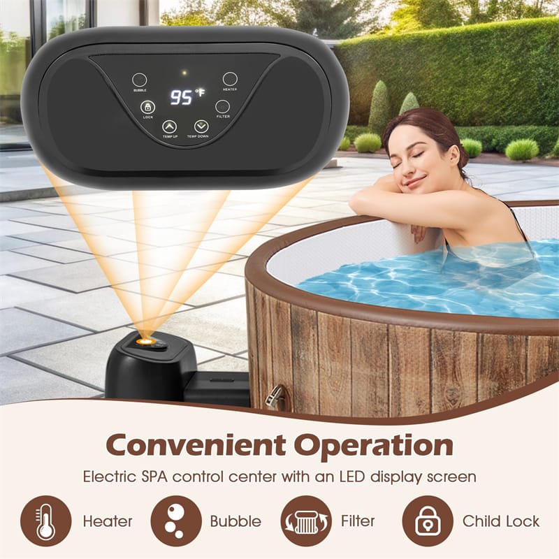 4-6 Person Wood Grain Inflatable Hot Tub, 72" Round Pool Hottub w/120 Air Jets, Heater Pump, Portable Outdoor Water SPA