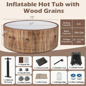4-6 Person Wood Grain Inflatable Hot Tub, 72" Round Pool Hottub w/120 Air Jets, Heater Pump, Portable Outdoor Water SPA