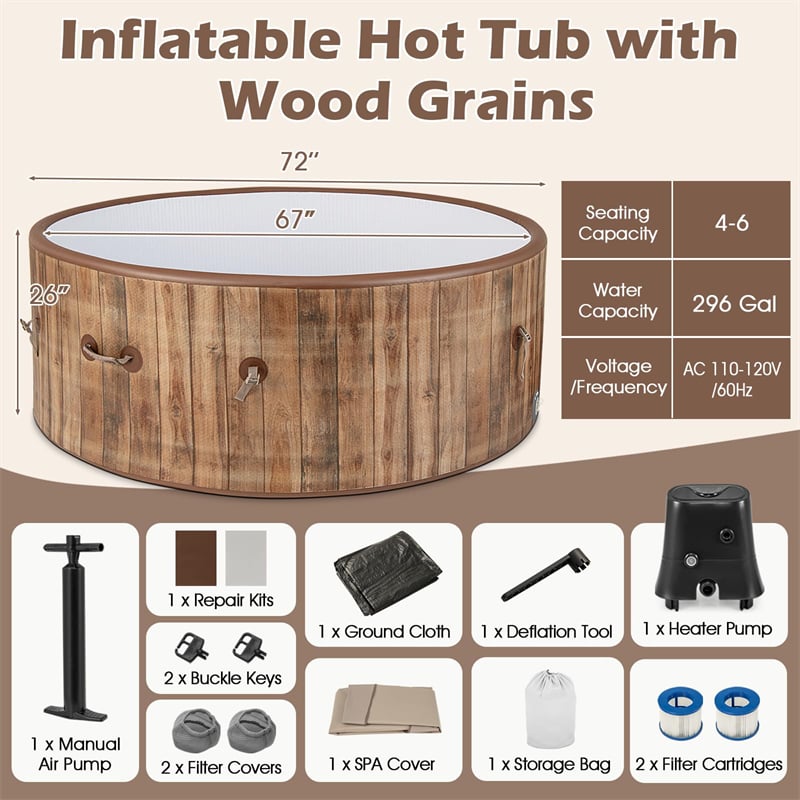 4-6 Person Wood Grain Inflatable Hot Tub, 72" Round Pool Hottub w/120 Air Jets, Heater Pump, Portable Outdoor Water SPA