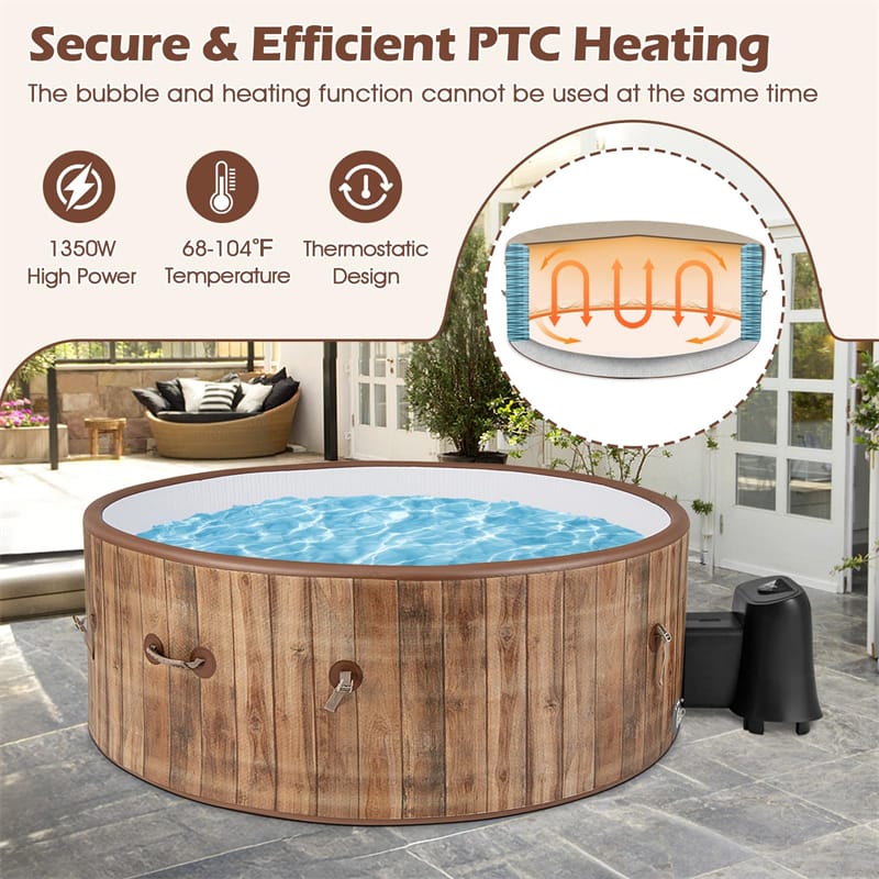 4-6 Person Wood Grain Inflatable Hot Tub, 72" Round Pool Hottub w/120 Air Jets, Heater Pump, Portable Outdoor Water SPA