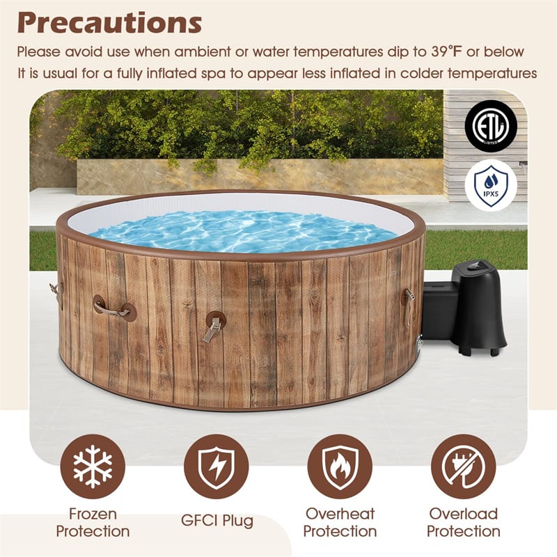 4-6 Person Wood Grain Inflatable Hot Tub, 72" Round Pool Hottub w/120 Air Jets, Heater Pump, Portable Outdoor Water SPA