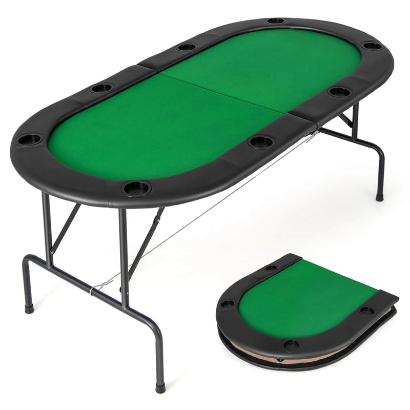 72" 8-Player Foldable Poker Table w/ Armrests, 8 Cup Holders & Casino-Grade Felt, Portable Oval Texas Holdem Blackjack Card Table, No Assembly