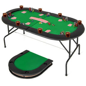 72" 8-Player Foldable Poker Table w/ Armrests, 8 Cup Holders & Casino-Grade Felt, Portable Oval Texas Holdem Blackjack Card Table, No Assembly