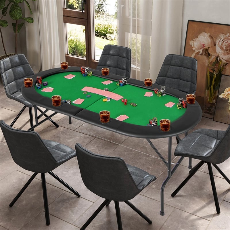 72" 8-Player Foldable Poker Table w/ Armrests, 8 Cup Holders & Casino-Grade Felt, Portable Oval Texas Holdem Blackjack Card Table, No Assembly