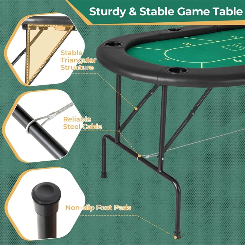 72" Foldable Poker Table for 8 Players with 8 Cup Holders & Casino-Grade Felt, Portable Oval Texas Holdem Card Table for Blackjack, No Assembly