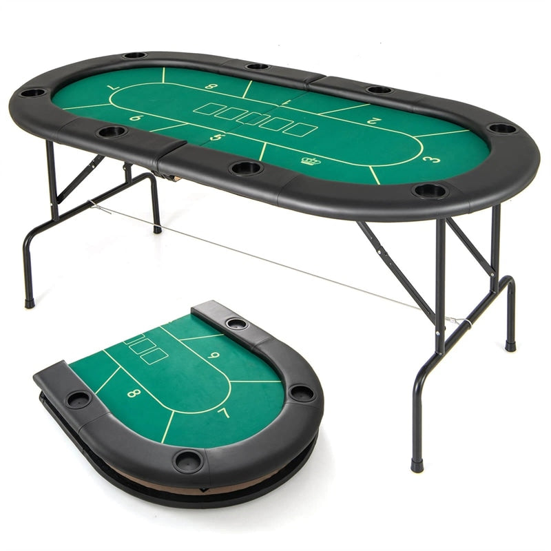 72" Foldable Poker Table for 8 Players with 8 Cup Holders & Casino-Grade Felt, Portable Oval Texas Holdem Card Table for Blackjack, No Assembly