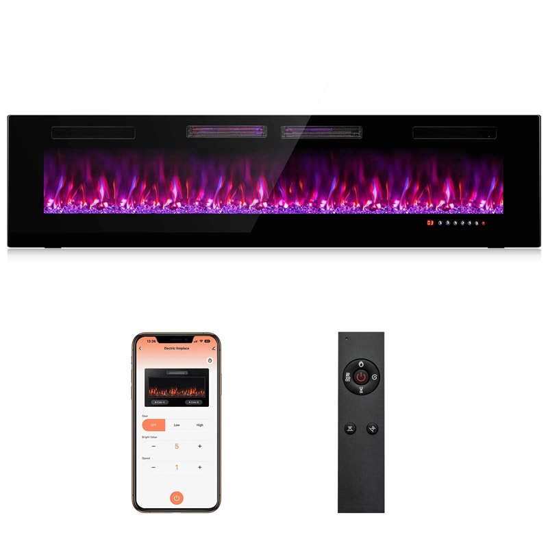 42/50/60/72 Inch Ultra-Thin Smart Electric Fireplace Insert, Wall Mount & Recessed Heater with 12 Flame Colors & Decorative Crystals