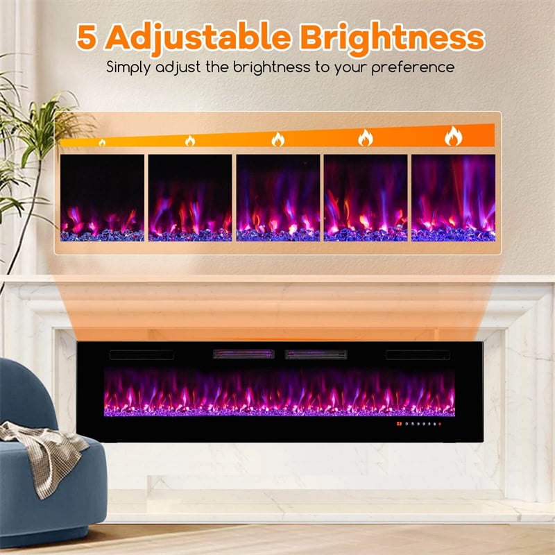 42/50/60/72 Inch Ultra-Thin Smart Electric Fireplace Insert, Wall Mount & Recessed Heater with 12 Flame Colors & Decorative Crystals