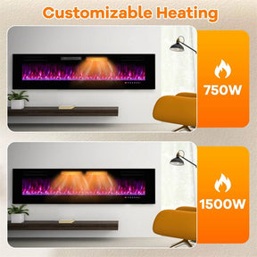42/50/60/72 Inch Ultra-Thin Smart Electric Fireplace Insert, Wall Mount & Recessed Heater with 12 Flame Colors & Decorative Crystals