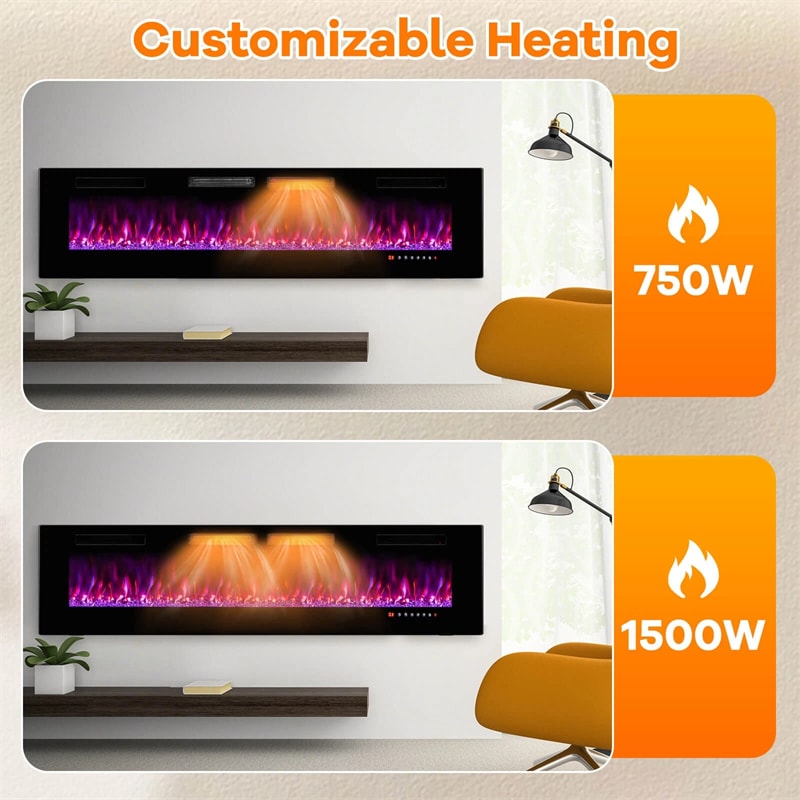 42/50/60/72 Inch Ultra-Thin Smart Electric Fireplace Insert, Wall Mount & Recessed Heater with 12 Flame Colors & Decorative Crystals
