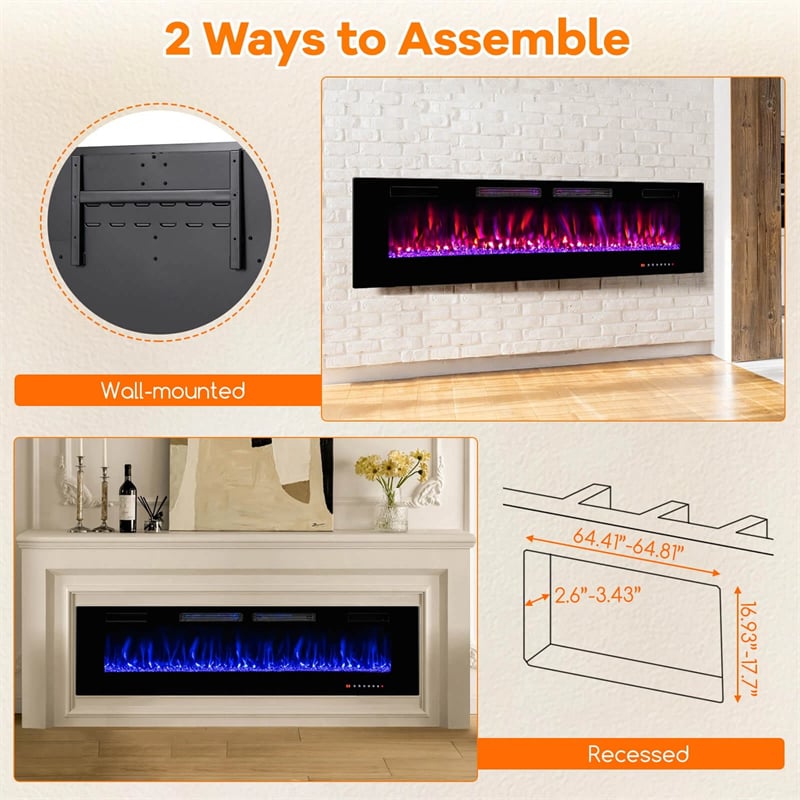42/50/60/72 Inch Ultra-Thin Smart Electric Fireplace Insert, Wall Mount & Recessed Heater with 12 Flame Colors & Decorative Crystals