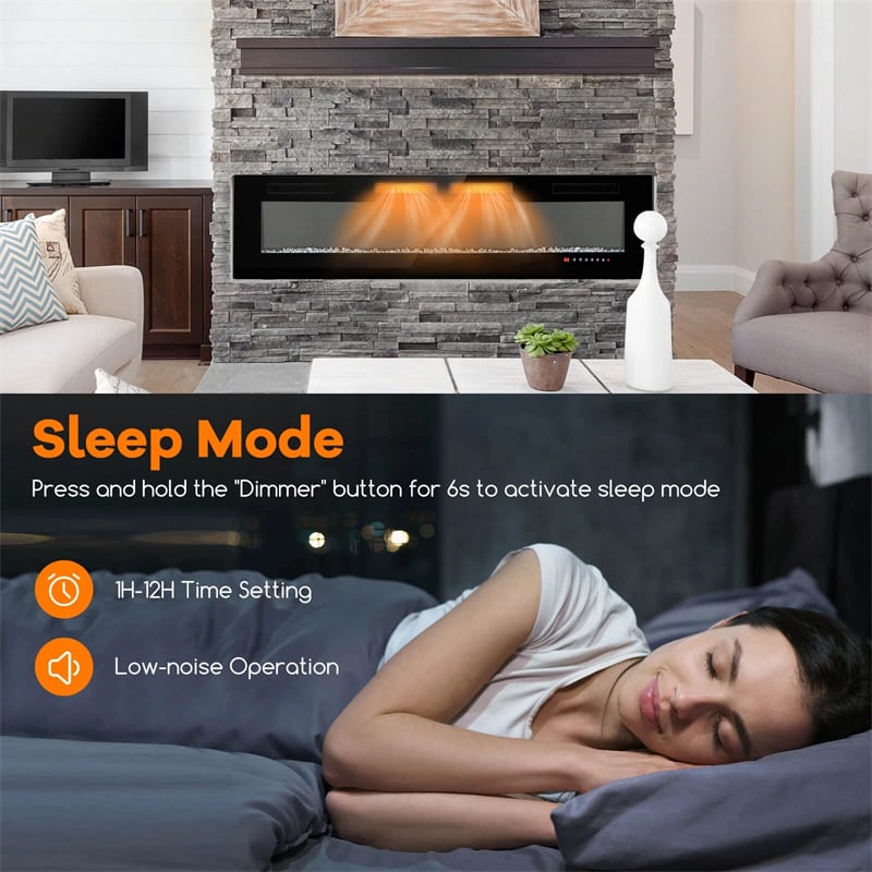 42/50/60/72 Inch Ultra-Thin Smart Electric Fireplace Insert, Wall Mount & Recessed Heater with 12 Flame Colors & Decorative Crystals