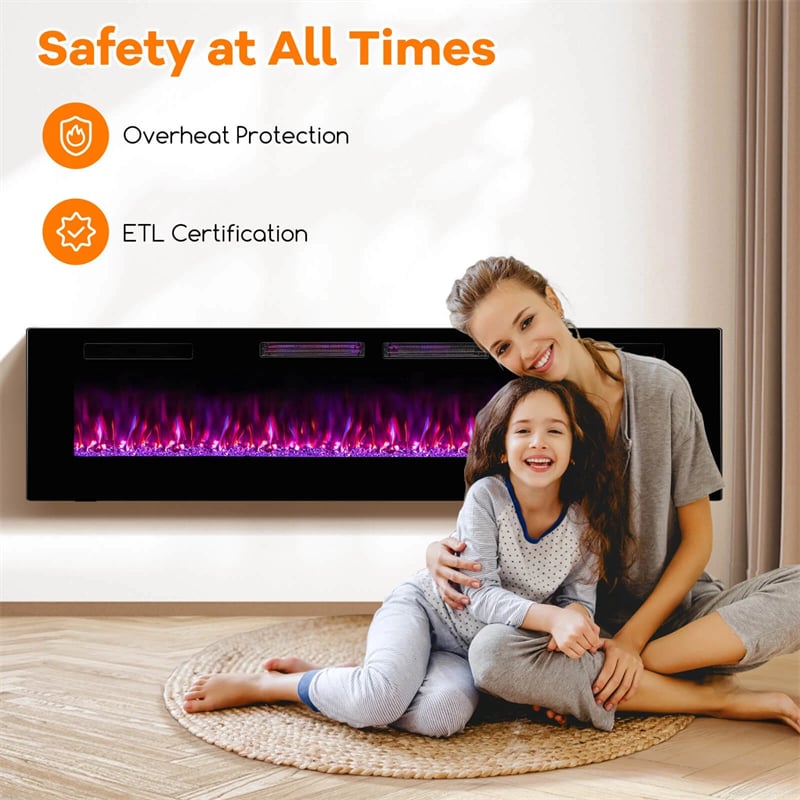 42/50/60/72 Inch Ultra-Thin Smart Electric Fireplace Insert, Wall Mount & Recessed Heater with 12 Flame Colors & Decorative Crystals