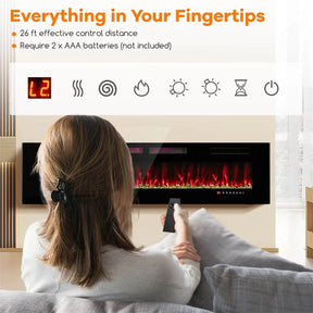 42/50/60/72 Inch Ultra-Thin Smart Electric Fireplace Insert, Wall Mount & Recessed Heater with 12 Flame Colors & Decorative Crystals