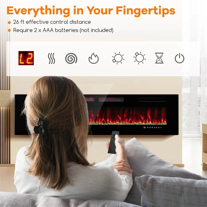 42/50/60/72 Inch Ultra-Thin Smart Electric Fireplace Insert, Wall Mount & Recessed Heater with 12 Flame Colors & Decorative Crystals