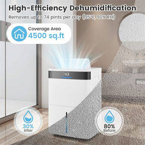 74 Pints Dehumidifier for Home & Basement, 4500 Sq.Ft Portable Dehumidifier with Drain Hose, 24H Timer, 3-Color Indicator, Auto Defrost for Bathroom
