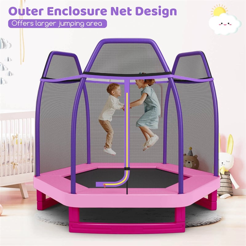 7FT Kids Trampoline with Safety Enclosure Net, ASTM Approved & Widened Base, Indoor Outdoor Recreational Trampoline for Toddlers Ages 3+