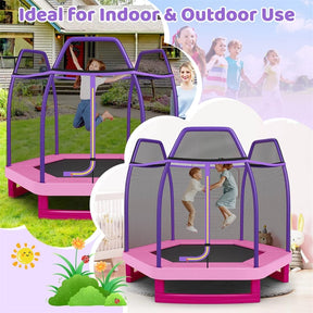 7FT Kids Trampoline with Safety Enclosure Net, ASTM Approved & Widened Base, Indoor Outdoor Recreational Trampoline for Toddlers Ages 3+